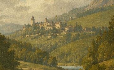 Burg auf dem Hügel über dem Fluss
