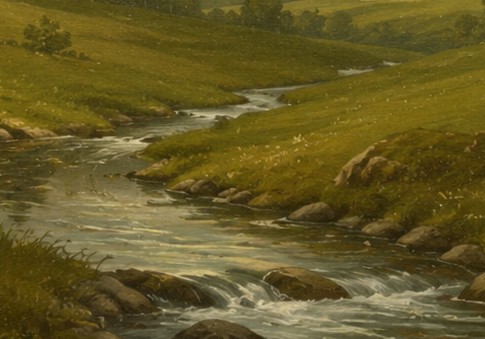 Der gewundene Fluss durch die Wiesen