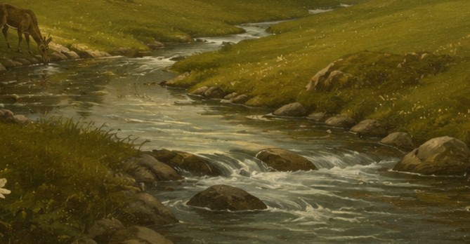 Der Fluss windet sich zwischen Steinen und Ufern