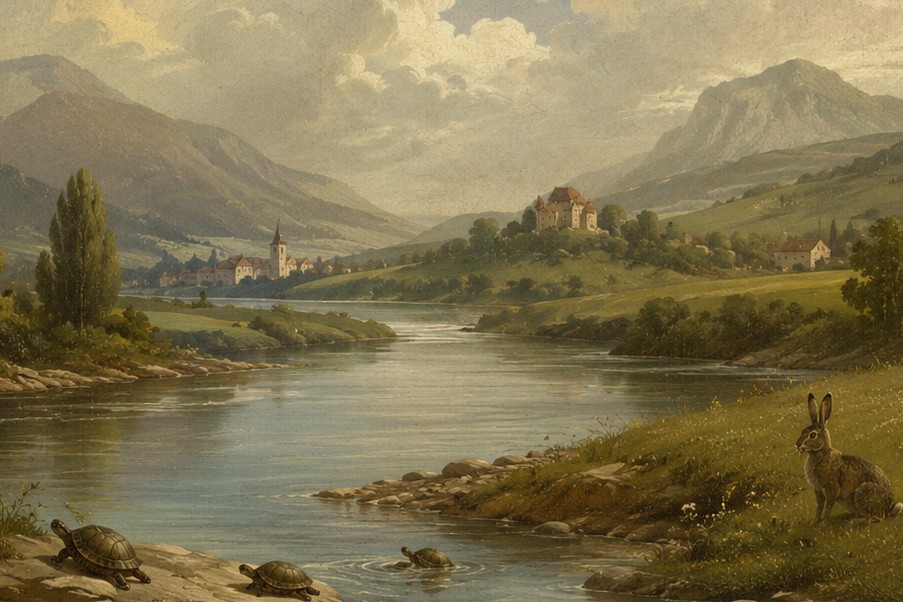 Arcadische Flusslandschaft mit einer Burg auf dem Hügel, Schildkröte und Hase am Ufer