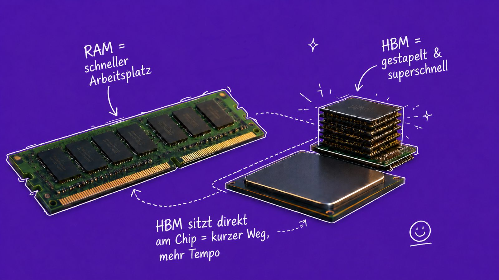 Ein RAM-Riegel und ein gestapelter HBM-Speicher neben einem Prozessor, handschriftlich beschriftet: RAM ist der schnelle Arbeitsplatz, HBM sitzt gestapelt direkt am Chip.