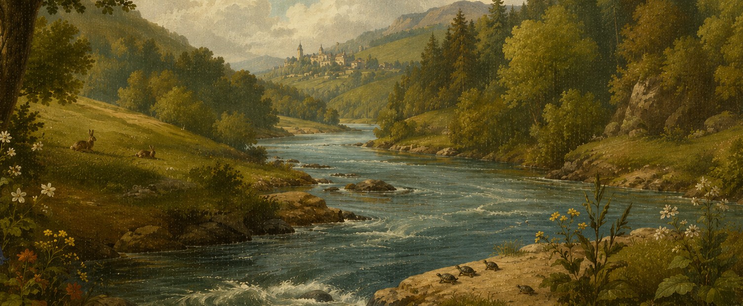 Arcadische Flusslandschaft — vom Ufer mit Schildkröten bis zur fernen Burg