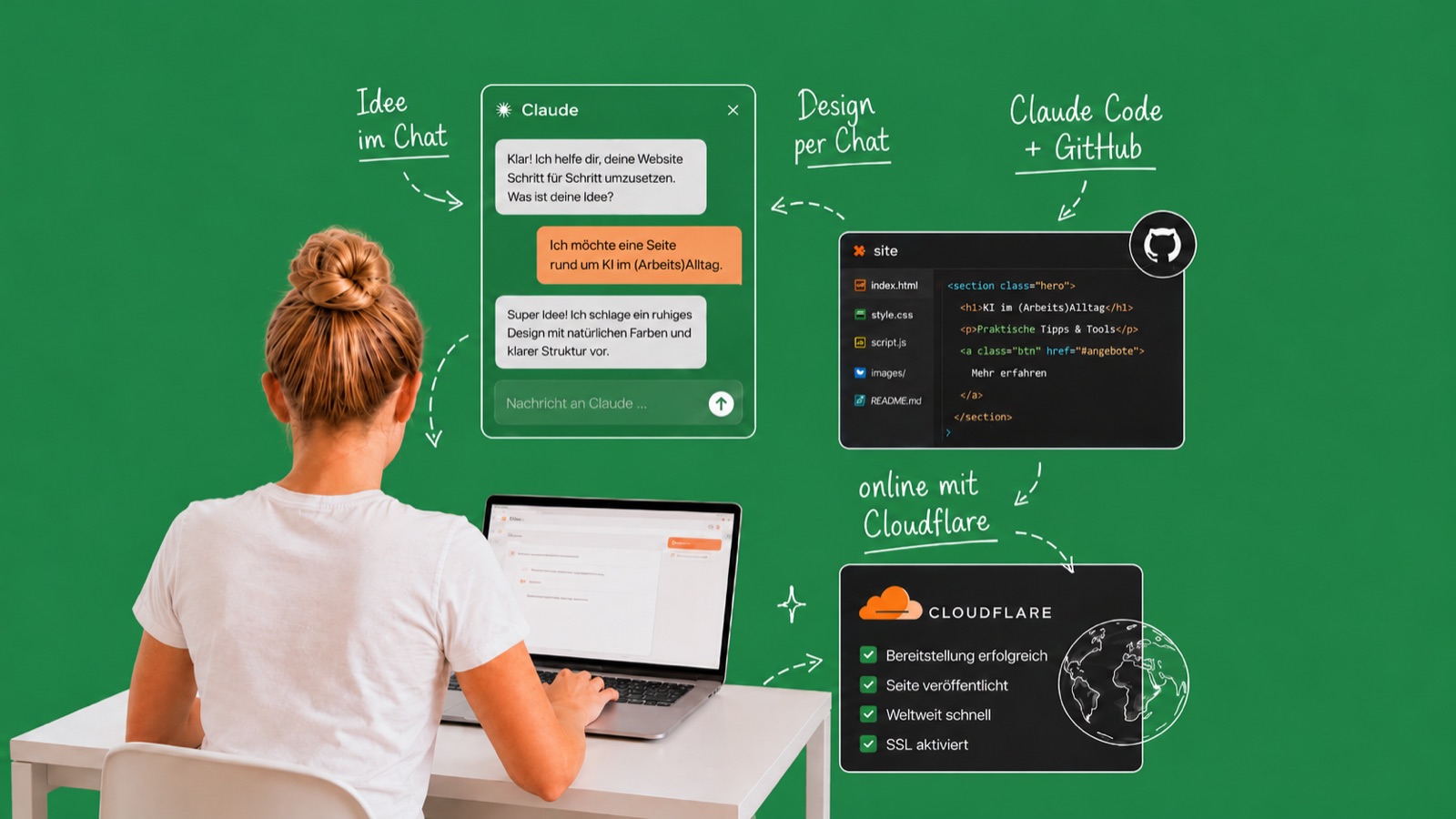 Vera von hinten am Laptop vor orangem Hintergrund, daneben handschriftlich beschriftete Fenster: Chat mit Claude, Code-Editor mit GitHub und Cloudflare-Bereitstellung